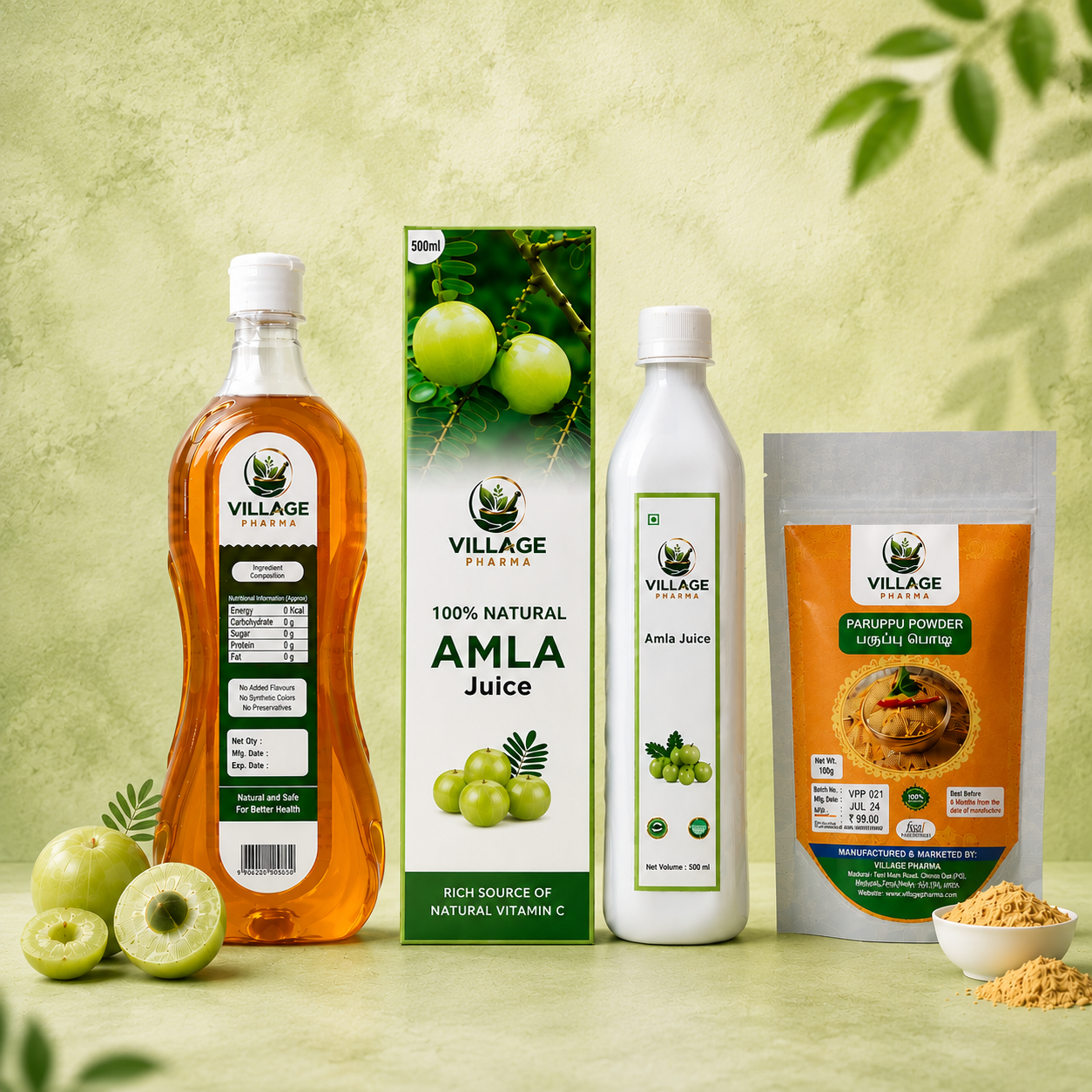 Herbal oil bottles, herbal juice bottles, wooden bowls of herbal powder and fresh green leaves